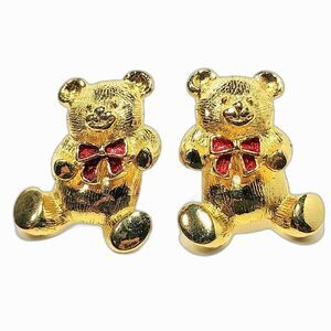 Vintage AVON Teddy Bear Earrings Gold Tone Red Ribbons (1" X 3/4") Each #1282